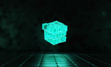 3d render cubes with blue glowing on dark background. Technology background. Cyberspace concept . Hi tech , 3D futuristic.の写真素材