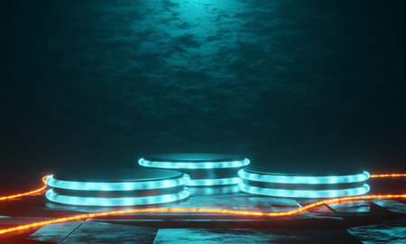 Abstract scene podium illuminated with neon light. Mock up, 3D Rendering. Abstract scene with neon light. Futuristic background.の写真素材
