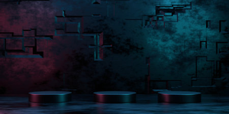 3d rendering empty metal podium with blue and red neon light for product display. Sci fi scene for product display.abstract sci fi scene.の写真素材
