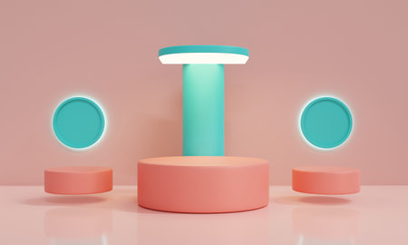 3D render Minimal scene with podium and abstract background. Pastel colors with Geometric shapes interior.cosmetic product show. blue ,pink, green , and white.の写真素材