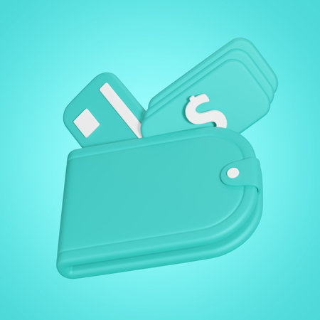 3d rendering wallet icon. money saving holding wallet concept. 3D wallet isolated on green background. investment, bank, finance, investment, money wallet.の写真素材