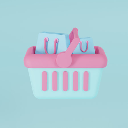 3d render Shopping basket with percent symbol on blue background. shopping bag, discount sale, promotion in social media.Shopping bag for buy, consumer. buyer.の写真素材