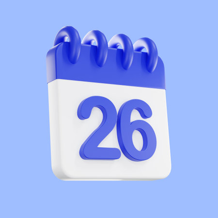 3d rendering calendar icon with a day of 26. Blue and white color. Daily calendar plan icon with a number.  the concept of a reminder of timely.の写真素材