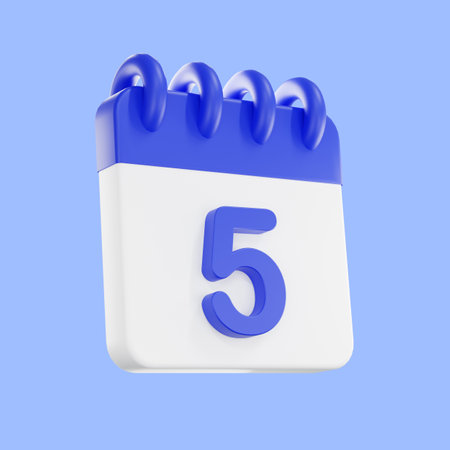 3d rendering calendar icon with a day of 5. Blue and white color. Daily calendar plan icon with a number.  the concept of a reminder of timely.の写真素材