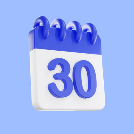 3d rendering calendar icon with a day of 30. Blue and white color. Daily calendar plan icon with a number.  the concept of a reminder of timely.の写真素材