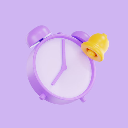 3d render purple pastel color alarm clock, 3D Circle clock icon, Isolated icon, warning.の写真素材