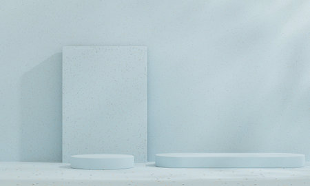 Blue pastel backdrop wall 3d render image mockup background of terrazzo podium. 3d render empty mockup natural pastel terrazzo podium.の写真素材