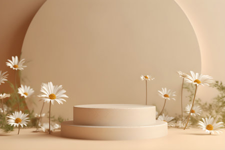 3d rendering mockup white podium with daisy flower, AI Generative Illustration. Cosmetic podium, 3d podium for product presentation.の素材
