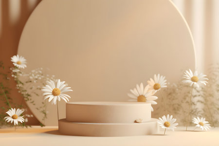 3d rendering mockup white podium with daisy flower, AI Generative Illustration. Cosmetic podium, 3d podium for product presentation.の素材
