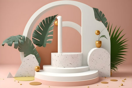 3d render empty space white terrazzo textured podium with monstera leaf house plant. Podium for product shoot. AI Generative Illustration. Minimal Display for product.の素材
