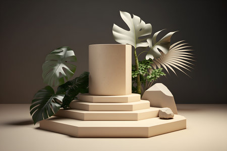 3d render empty space white terrazzo textured podium with monstera leaf house plant. Podium for product shoot. AI Generative Illustration. Minimal Display for product.の素材