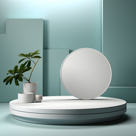 3d render of podium for product presentation with round mirror and palm tree. AI Generative Illustration. Podium for product shoot. Minimal Display for product.の素材