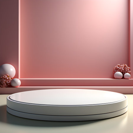 3d render of abstract geometric forms. Glossy white podium in modern room with pink wall. Platform for your design. AI Generative Illustration. Minimal Display for product.の素材