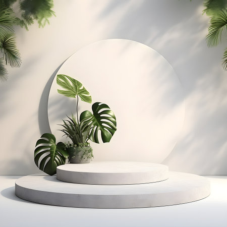 3d render of white round podium with tropical plants. Mock up. AI Generative Illustration.の素材