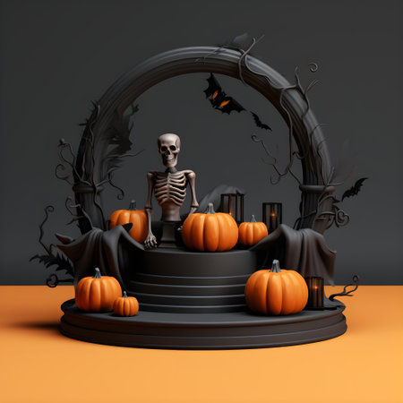 Halloween scene with skeleton and pumpkins. 3d render illustration. AI Generative Illustration. Podium for product shoot.の素材