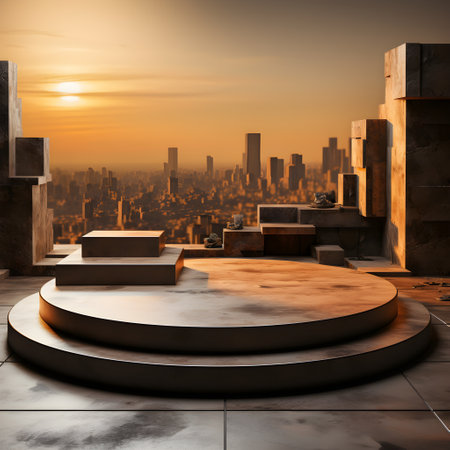 3D render of a futuristic cityscape with a podium at sunset AI Generative Illustration.の素材