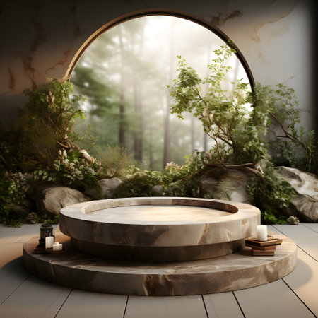 Round podium in the forest. 3D rendering. Mock up. AI Generative Illustration. Podium for product shoot.の素材