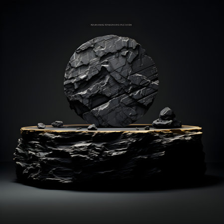 Black stone podium on black background. 3d render, 3d illustration AI Generative Illustration. Podium for product shoot.の素材