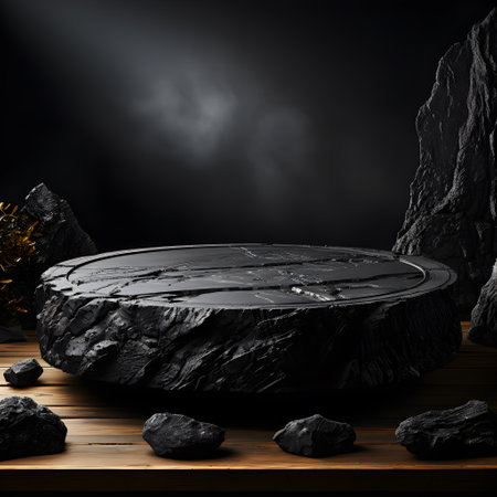 Black stone podium in the dark room with smoke. 3d rendering AI Generative Illustration.の素材