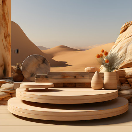 3d render of podium in desert with empty space for product display AI Generative Illustration. Podium for product shoot.の素材