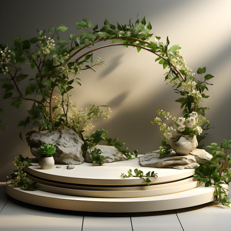 3d render, round stage with white flowers, leaves and plants AI Generative Illustration.の素材