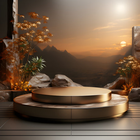 3d rendering of golden podium for product presentation with mountains in background AI Generative Illustration. Podium for product shoot.の素材