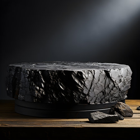 Black stone podium on wooden table over dark background. 3d render AI Generative Illustration. Podium for product shoot.の素材