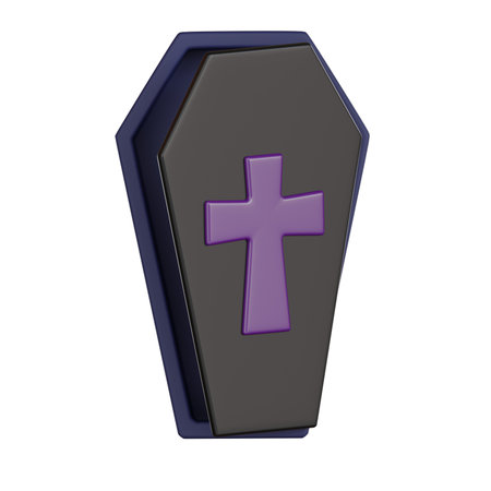 Halloween 3d icon coffin with purple cross.の写真素材