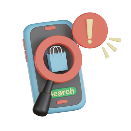 3d shopping icon with magnifying glass on smartphone screen showing empty states and alert symbol...
