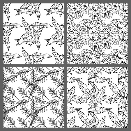 Four Black and White Tropical Leaves Floral Pattern Wallpaper Designのイラスト素材