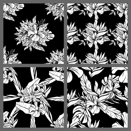 Four Black and White Tropical Leaves Floral 
Pattern Wallpaper Designのイラスト素材