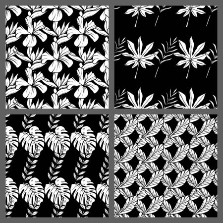 Four Black and White Tropical Leaves Floral Pattern Wallpaper Designのイラスト素材