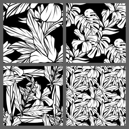 Four Black and White Seamless Tropical Leaves Floral Vector Pattern Background Wallpaper Designのイラスト素材