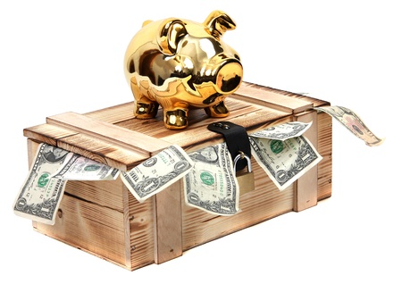 golden piggybank on wooden case with dollar notesの写真素材