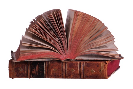 stack of old books with fanned pagesの写真素材