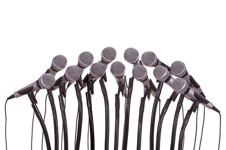 press conference with microphonesの写真素材