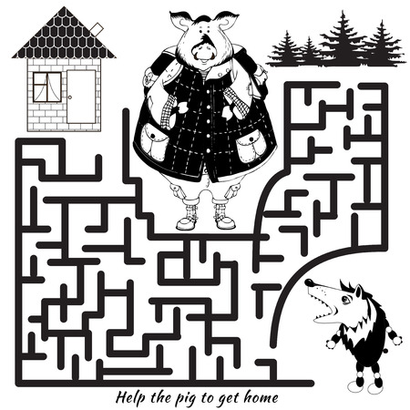 Funny labyrinth. Help the pig to get home and out of the maze. Funny cartoon character. Vector Rebus. Isolated on white background. Eps 8のイラスト素材
