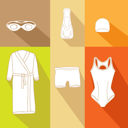 Clothes for swimmers. Sportswear. Swimfins. Swim fins. Fins. Flippers. Glasses for swimming.  Khalat for swimming. Swim briefs. Racing brief. Swim cap. Swimsuit. Things for swimmersのイラスト素材