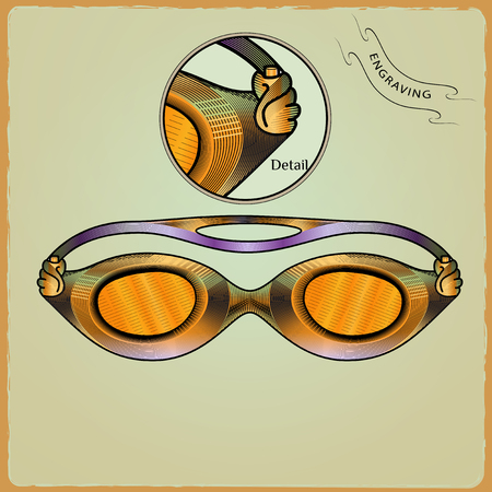 Clothes for swimmers. Sportswear. Water Sports. Glasses for swimming. Swimming in the pool. Color iIllustration in style of engravingのイラスト素材