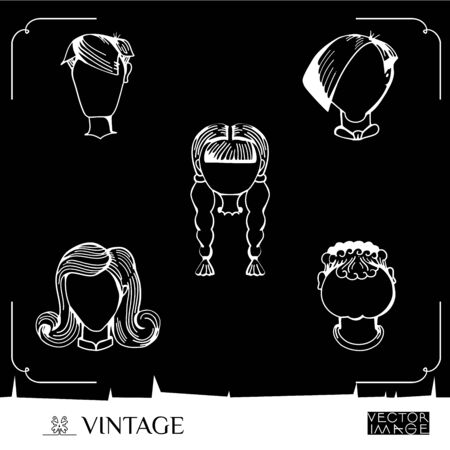 User Avatar Icons. People\'s faces. Vector illustration. Set of men and women. Vintage image.Isolated objects. Line drawing.のイラスト素材