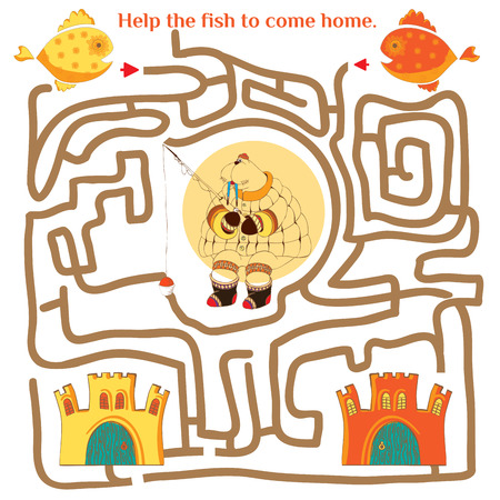 Funny labyrinth. Help the fish to come home. Illustration with tangled lines. Funny cartoon character. Vector illustration. Isolated on white backgroundのイラスト素材
