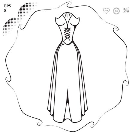 Wedding dress. Clothing for celebration. Dress for Marriage. Graphics style. Outline image. Greeting Card.  のイラスト素材