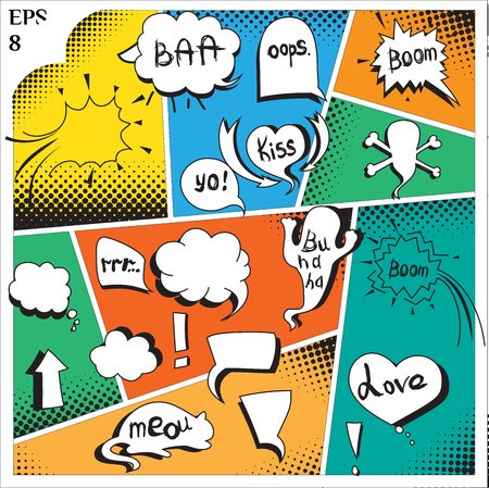 Vector a high detail. Typical comic book page with various speech bubbles symbols. Comic blank Boom. Space for text. Halftone image.  のイラスト素材