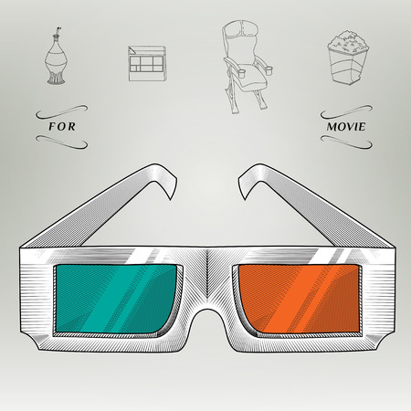 3D Glasses Three dimensional movies. Color and outline design element. Cinema icon in engraving style. Editable Illustration of Movie. Graphic styleのイラスト素材