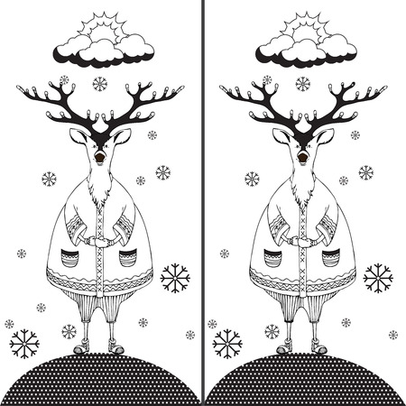Find the ten differences between the two pictures and Coloring page. Funny cartoon Deer. Puzzle for kids. Hand drawn image. のイラスト素材