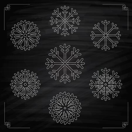 Set of Snowflake winter. Christmas design element. Set of Vectors snowflakes. Outline image. Hand drawn poster on chalkboardのイラスト素材