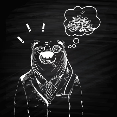 User outline icon of man in business suit. Hand Drawn Illustration of Bear Hipster in suit and Necktie. Poster on Chalkboard. Think about the moneyのイラスト素材
