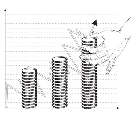 Vector financial business plan How to earn first million. Hand holding golden coin in graphic style. Isolated Illustration. Schedule of profit growth.  のイラスト素材
