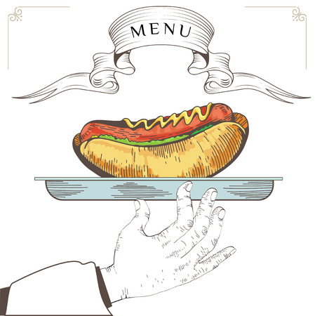 Hot dog menu design. Element for an restaurant with the hand of a waiter carrying a tray. Loaded with an Hot dog on white background. Serve food. Eps 8のイラスト素材