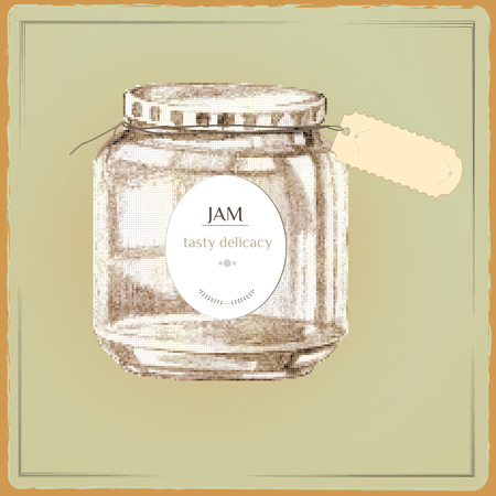 Vintage Vial of jam. Hand drawn design elements. Freehand drawing icon Bottle. Vial. Flask. Halftone image. Traditional sweetsのイラスト素材